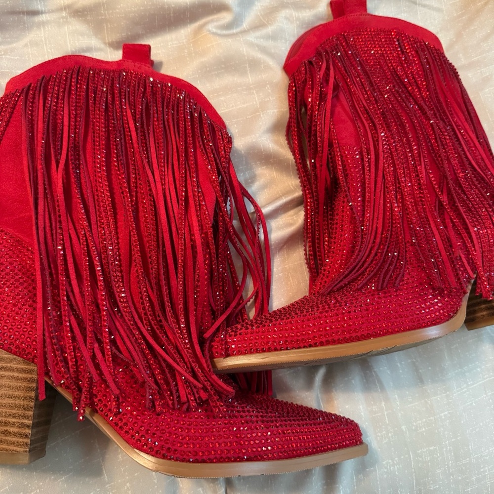 Red Fringe Women's Boots western sequence size 8 que piano zipper - Picture 2 of 8
